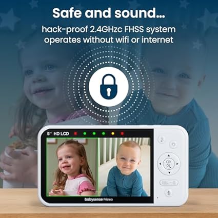 Babysense Prisma Baby Monitor with Camera and Audio, 5” HD Video Baby Monitor, 6-Color Night Light, Split Screen, Baby Sound Machine with White Noise & Lullabies, Secure No WiFi